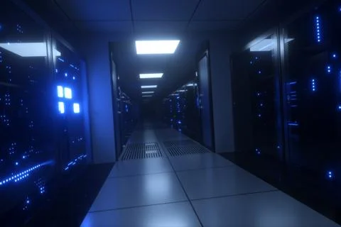 Endless flight along server blocks. Data center and internet. Server rooms wi Stock Illustration