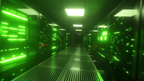 Endless flight along server blocks. Data center and internet. Server rooms wi Stock Illustration