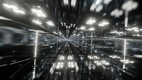 Endless flight and rotation of the camera inside a dark abstract tunnel with glo Stock Footage 313346959