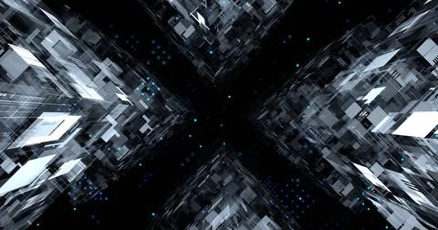 Endless flight in a futuristic dark corridor with neon lighting. Bright neon  Stock Illustration