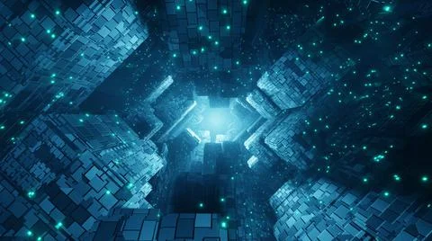 Endless flight in a futuristic dark corridor with neon lighting. Bright neon  Stock Illustration