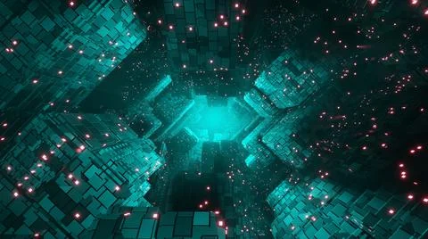 Endless flight in a futuristic dark corridor with neon lighting. Bright neon  Stock Illustration