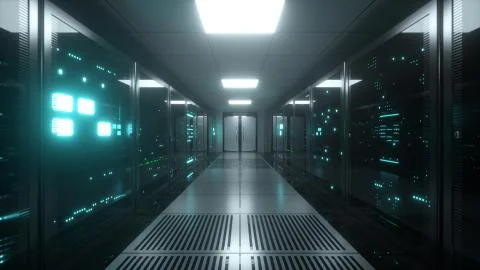Endless flight on server blocks. Data center and internet with opening doors. Stock Illustration