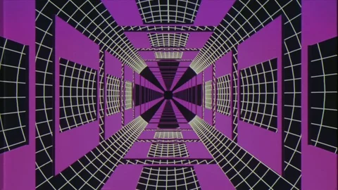Endless flight through retro style cyber purple grid tunnel VHS effect motion Stock Footage 88345275