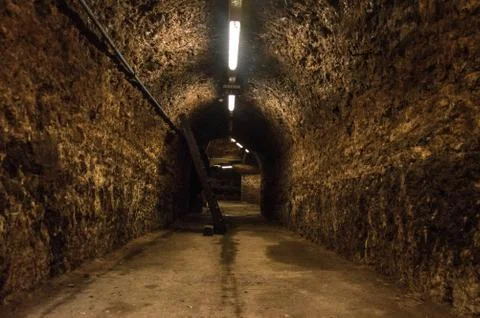 Endless floor in a cellar - with rustic brick walls Stock-Fotos