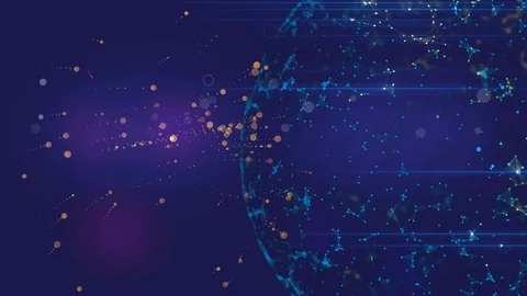 Endless flow of glittering particles in gold to big tansparent planet with Stock Footage 123276570