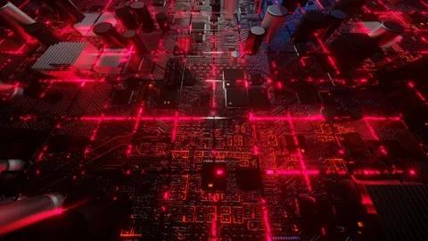 Endless forward motion over abstract motherboard model with blinking grid. 3d re Stock Footage 306157960