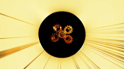 Endless forward motion through a tunnel of rotating golden gears on a black back Stock Footage 297373932