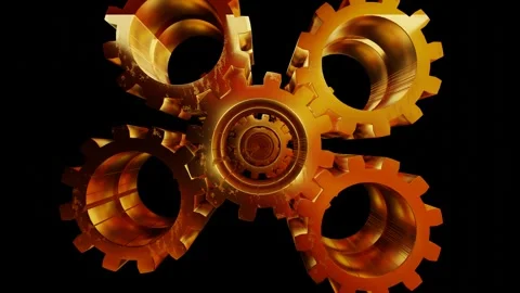 Endless forward motion through a tunnel of rotating golden gears on a black back Stock Footage 297373933