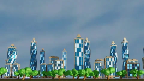 Endless forward movement along the evening city with skyscrapers against the blu Stock-Footage 300188010
