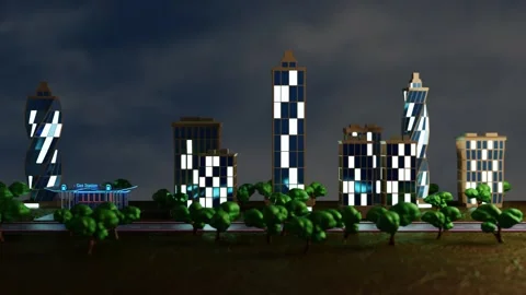 Endless forward movement along the night city with skyscrapers. looped animation Stock Footage 300187982