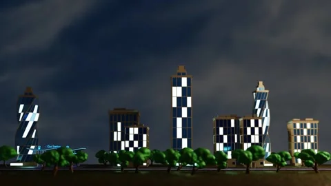 Endless forward movement along the night city with skyscrapers. looped animation Video stock 300187987