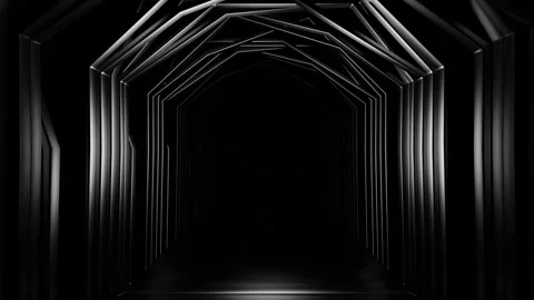 Endless forward movement in a dark corridor of arches of different shapes with l Stock Footage 301515076