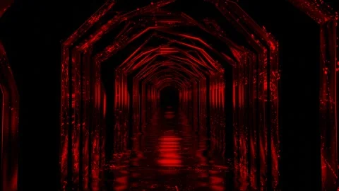 Endless forward movement in a dark corridor of arches of different shapes with r Stock Footage 301515096