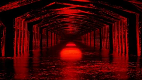 Endless forward movement in a dark corridor of arches of different shapes with r Stock Footage 301515106