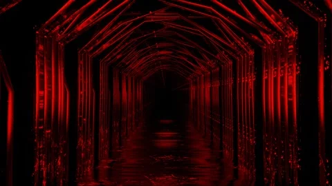 Endless forward movement in a dark corridor of arches of different shapes with r Video stock 301515107
