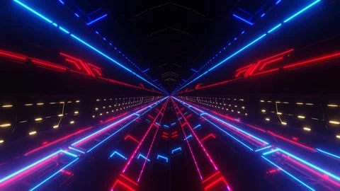 Endless forward movement in a dark tunnel of lattice with flashing red and blue  Stock Footage 306158007