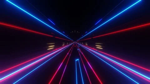 Endless forward movement in a dark tunnel of lattice with flashing red and blue  Stock-Footage 306158014