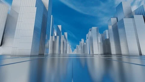 Endless forward movement inside a 3D model of a city with skyscrapers against a  Stock Footage 308396604