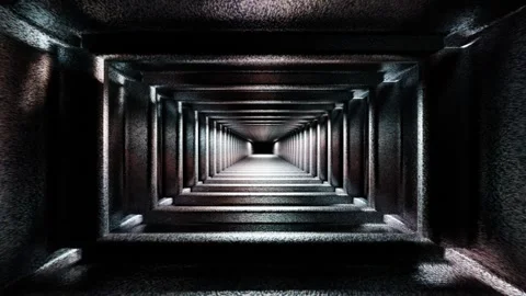 Endless forward movement inside abstract rectangular dark tunnel with silver met Stock Footage 300187766