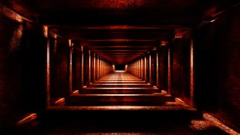 Endless forward movement inside abstract rectangular dark tunnel with pink metal Stock Footage 300187788