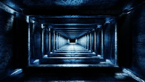Endless forward movement inside abstract rectangular dark tunnel with blue frost Stock Footage 300187808