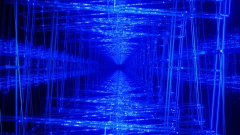 Endless forward movement inside abstract rotating blue glowing frames on black b Stock Footage 301858577