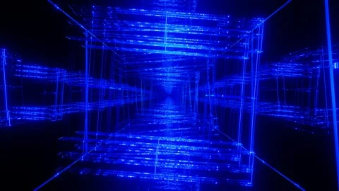 Endless forward movement inside abstract rotating blue glowing frames on black b Stock Footage 301858779