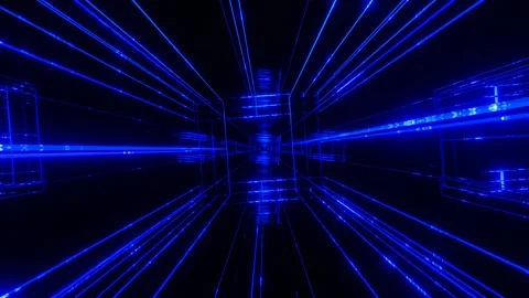 Endless forward movement inside abstract rotating blue glowing frames on black b Stock Footage 301858804