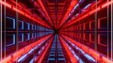 Endless forward movement inside abstract sci-fi corridor with red and blue light Video stock 301859401