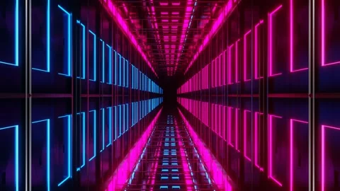 Endless forward movement inside abstract dark corridor with purple blue neon lig Stock Footage 301859408