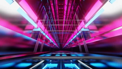 Endless forward movement inside abstract dark corridor with purple blue neon lig Stock Footage 301859734