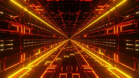 Endless forward movement inside abstract tunnel of orange flashing grid. 3d rend Stock Footage 309224523
