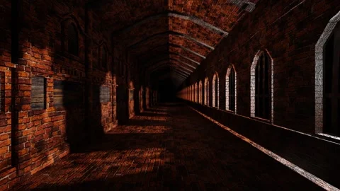 Endless forward movement inside a brick fortress with windows. 3d render looped  Stock Footage 301859864
