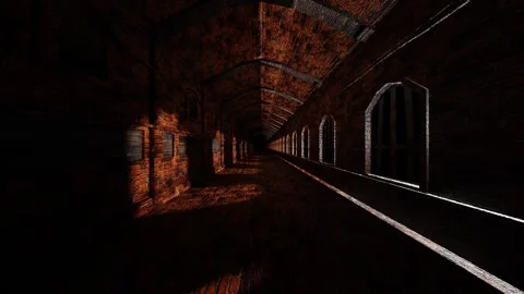 Endless forward movement inside a brick fortress with windows. 3d render looped  Video stock 301859876