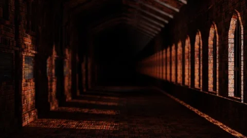 Endless forward movement inside a brick fortress with windows. 3d render looped  Stock Footage 301859884