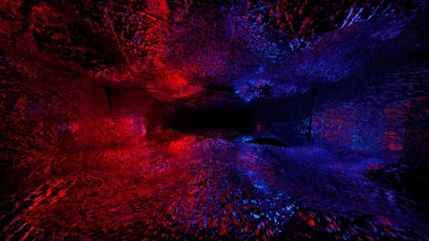 Endless forward movement inside a dark, endless cave with red and blue lighting. Stock Footage 301859696