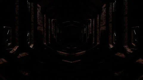 Endless forward movement inside dark gloomy brick tunnel with bars. 3d render lo Video stock 306525702