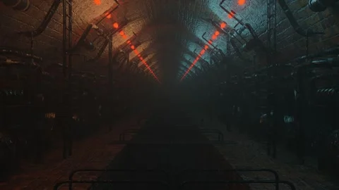 Endless forward movement inside dark foggy steampunk brick corridor with pipes.  Stock Footage 310507494