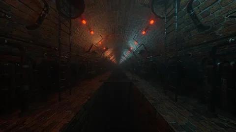 Endless forward movement inside dark foggy steampunk brick corridor with pipes.  库存影片 310507567