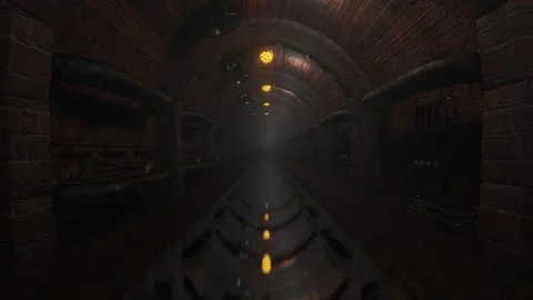 Endless forward movement inside dark foggy brick sewer tunnel with old rusty pip Stock Footage 311720845
