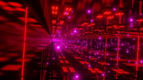 Endless forward movement inside dark abstract tunnel with glowing purple flowers Видео 311720850