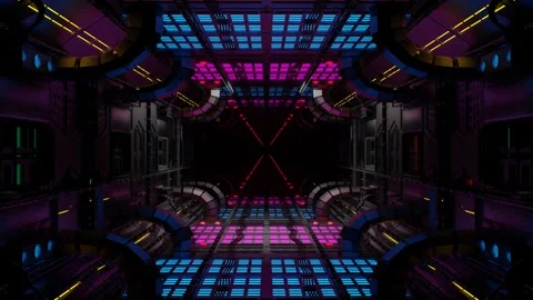 Endless forward movement inside a gloomy dark sci-fi corridor with flashing neon Stock Footage 302065560