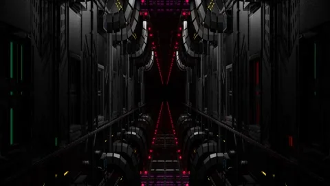 Endless forward movement inside a gloomy dark sci-fi corridor with flashing neon Video stock 302065888