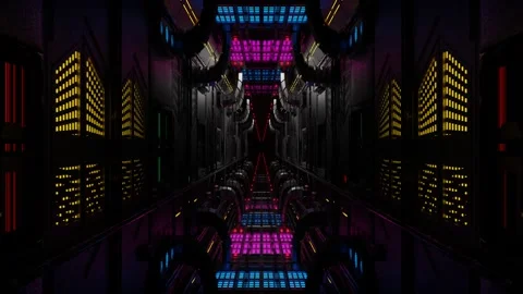 Endless forward movement inside a gloomy dark sci-fi corridor with flashing neon Stock Footage 302066413
