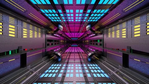Endless forward movement inside a gloomy dark sci-fi corridor with flashing neon Stock Footage 302066515