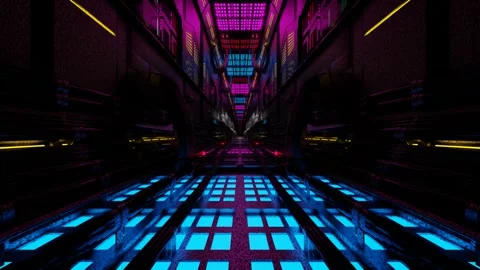 Endless forward movement inside a gloomy dark sci-fi corridor with flashing neon Stock Footage 302067633