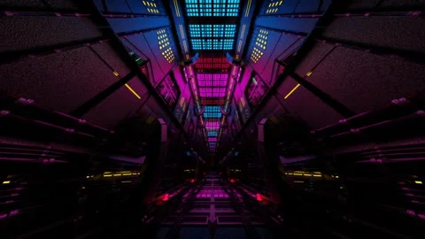 Endless forward movement inside a gloomy dark sci-fi corridor with flashing neon Video stock 302068227