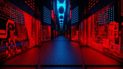 Endless forward movement inside gloomy dark fantasy corridor with flashing red a Stock Footage 302068430