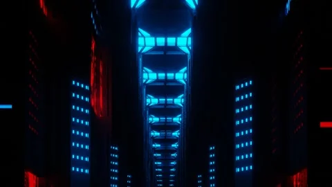 Endless forward movement inside gloomy dark fantasy corridor with flashing red a Video stock 302068458